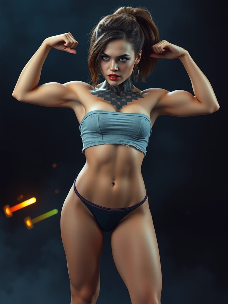Muscular Woman Flexing: Hyperrealistic 3D Render