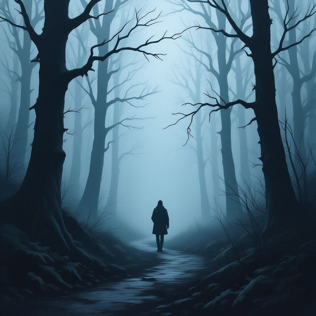 Expressionist Foggy Forest with Lone Traveler
