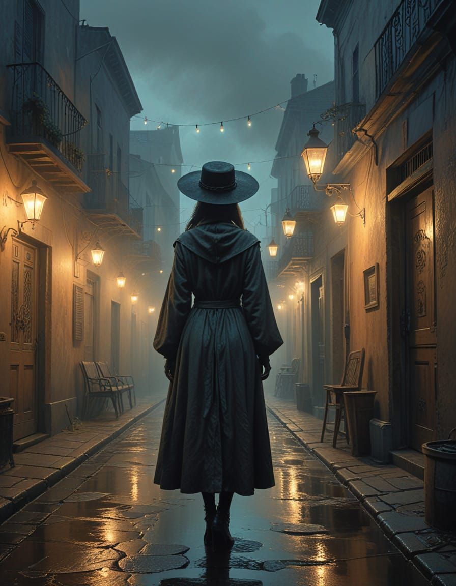 Mysterious Woman in New Orleans' Fog-Shrouded French Quarter