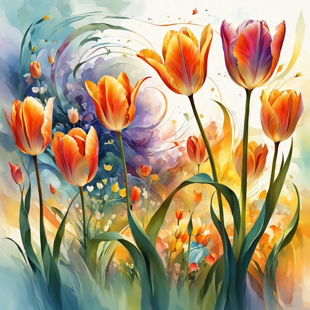 Abstract Spring Tulips in Watercolor Illustration