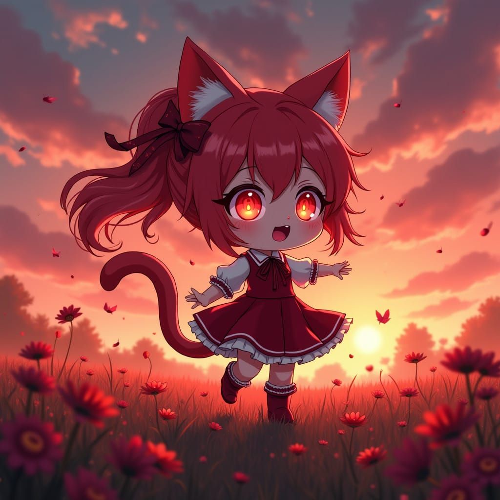 Adorable Chibi Catgirl in Vibrant Red Evening Attire
