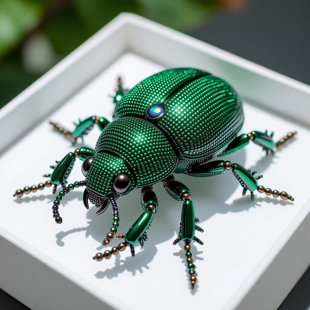 Elegant green beetle in a white box