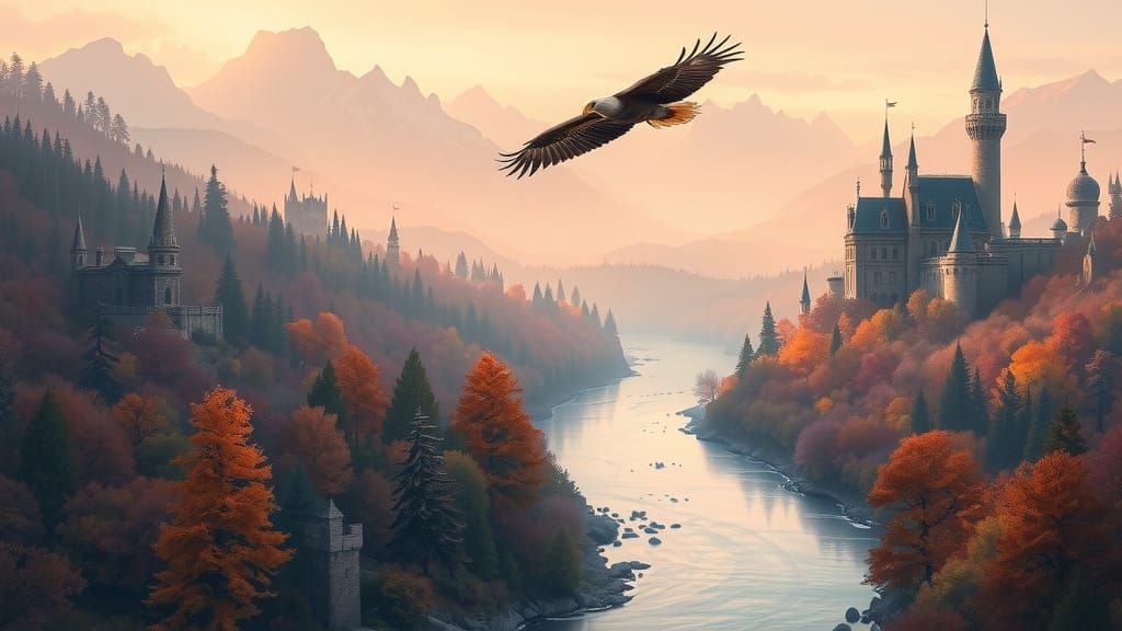 Dreamlike Fantasy Landscape with Soaring Eagle