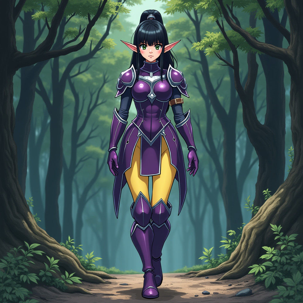 Anime Woman in Armor Walks Through Forest