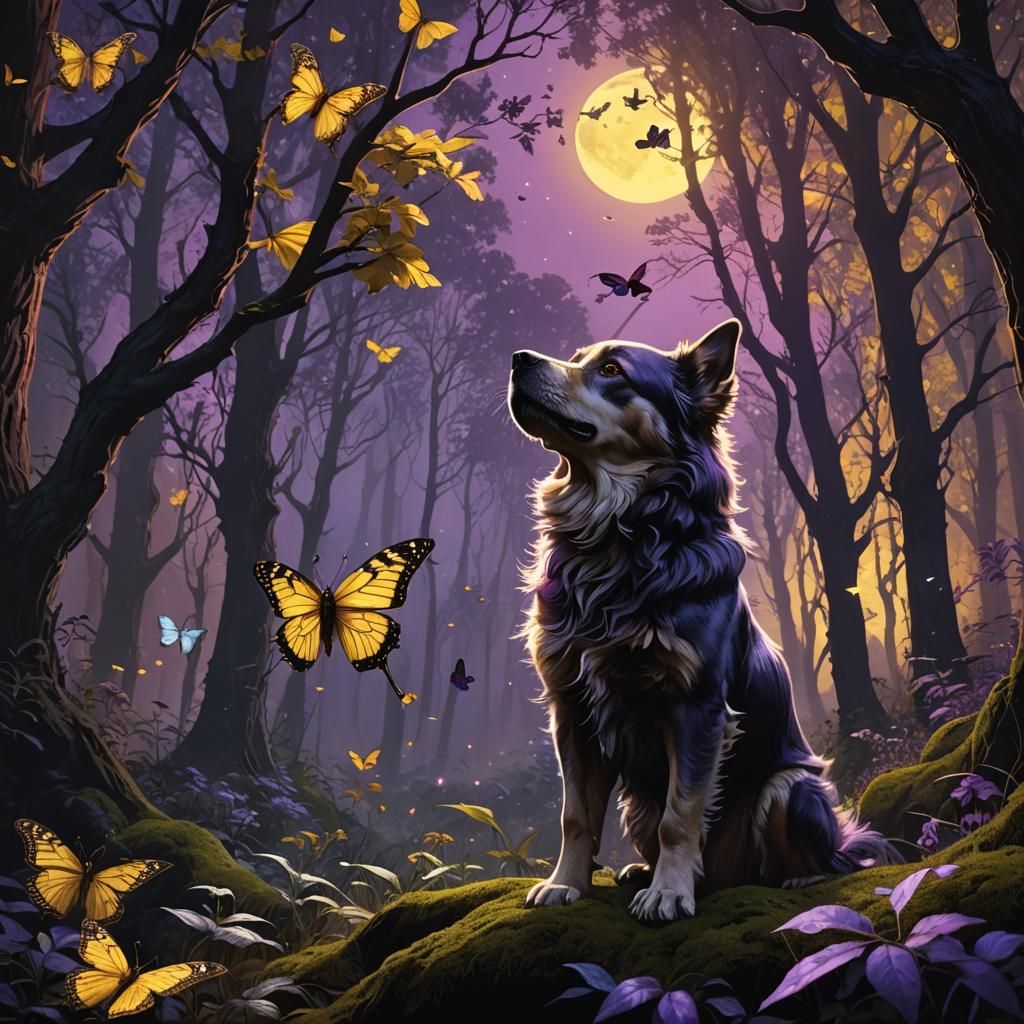 Dog Chasing Butterfly in Dark Fantasy Forest