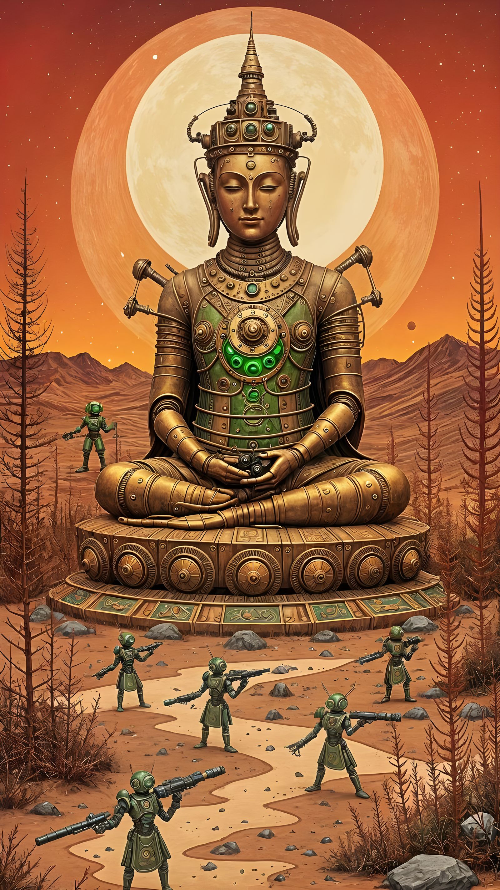 Steampunk Buddha Robot on Mars in Comic Book Style