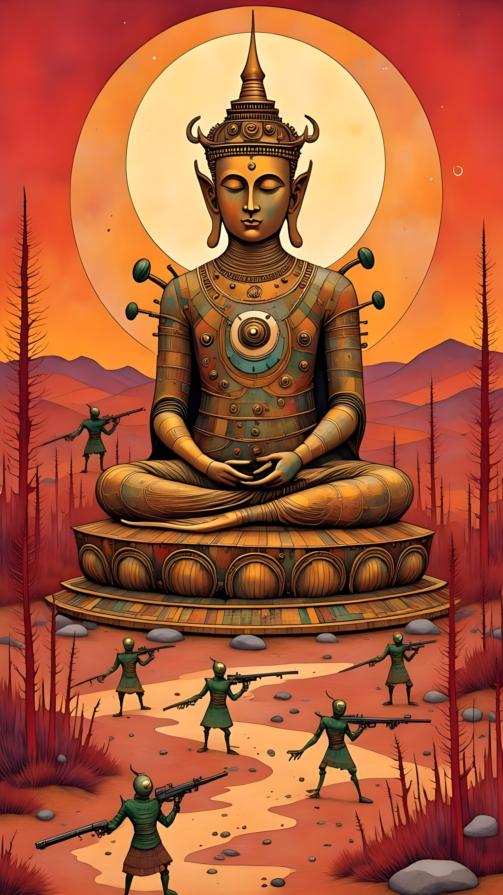 Steampunk Buddha Robot on Mars in Comic Book Style