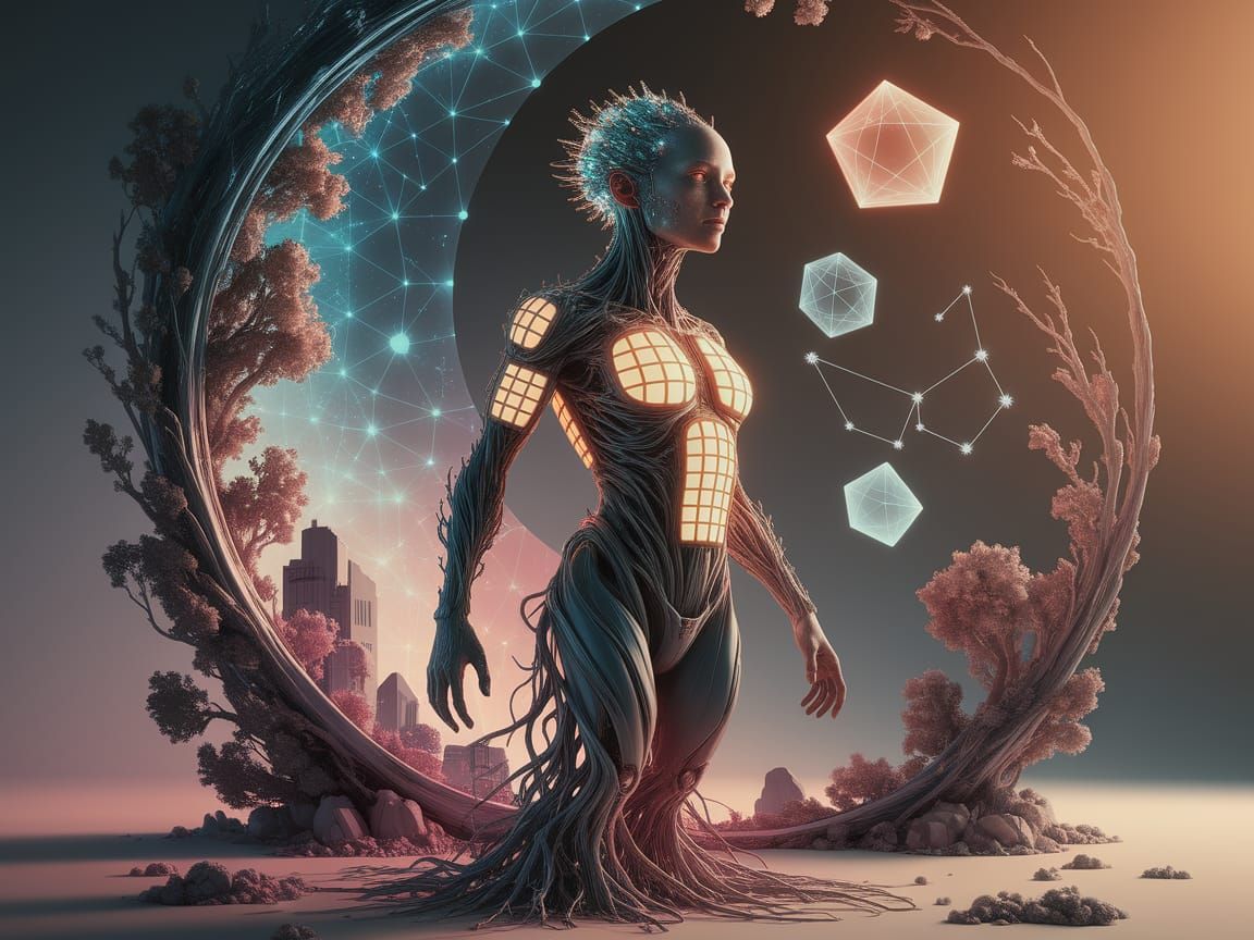 Ethereal Humanoid Symbiosis in a Celestial Landscape