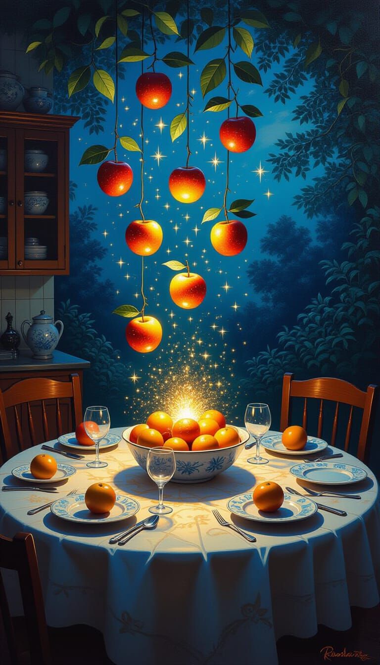 Magical Levitating Fruit with Glowing Runes in Twilight Kitc...
