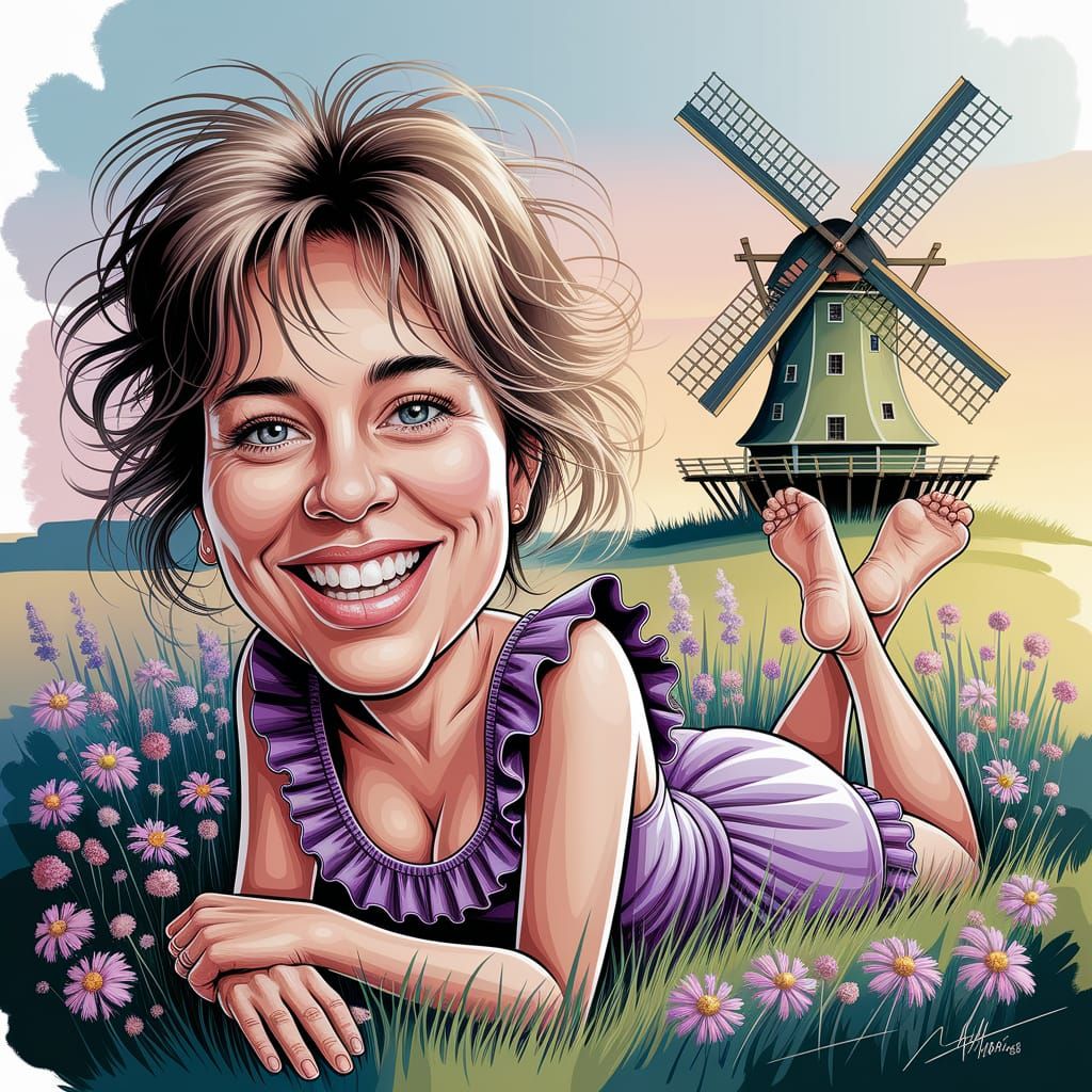 Whimsical Woman in Flower Meadow, Airbrushed Caricature