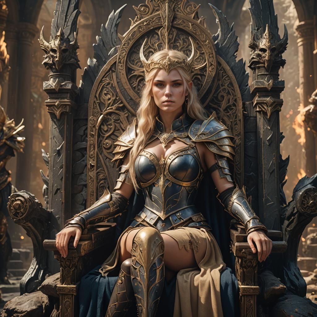 Blonde Warrior Woman on Throne in Detailed Matte Painting