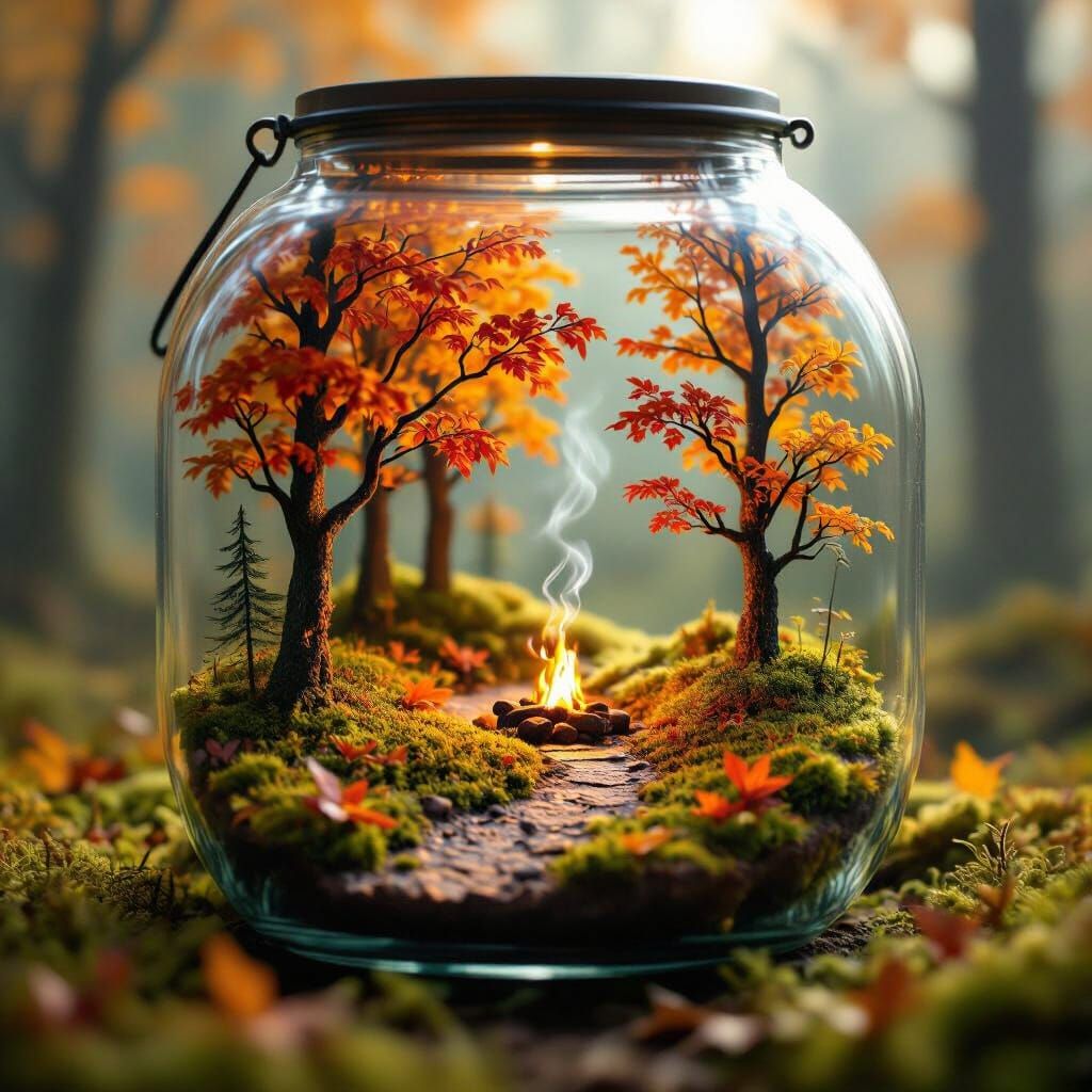 Autumn Forest Lantern Scene with Glowing Campfire