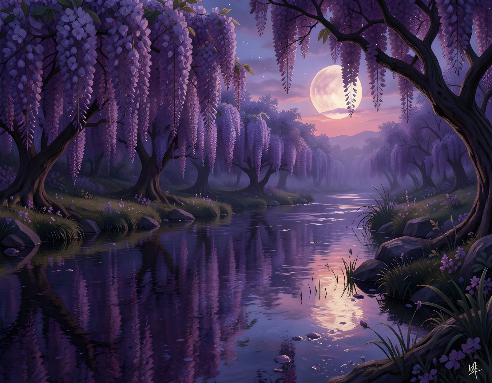 Wisteria Dreams Reflected in River at Twilight