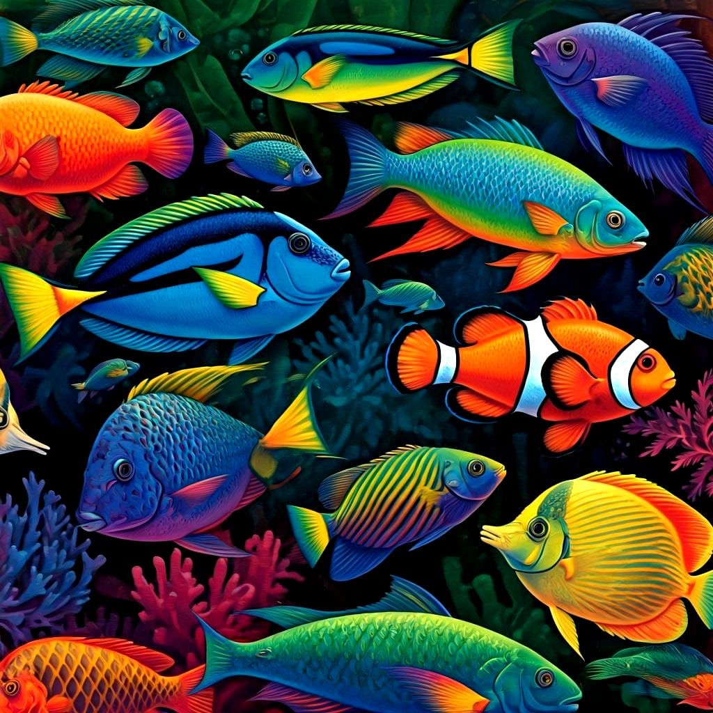 Vibrant Tropical Fish Collage in Rainbow Colors