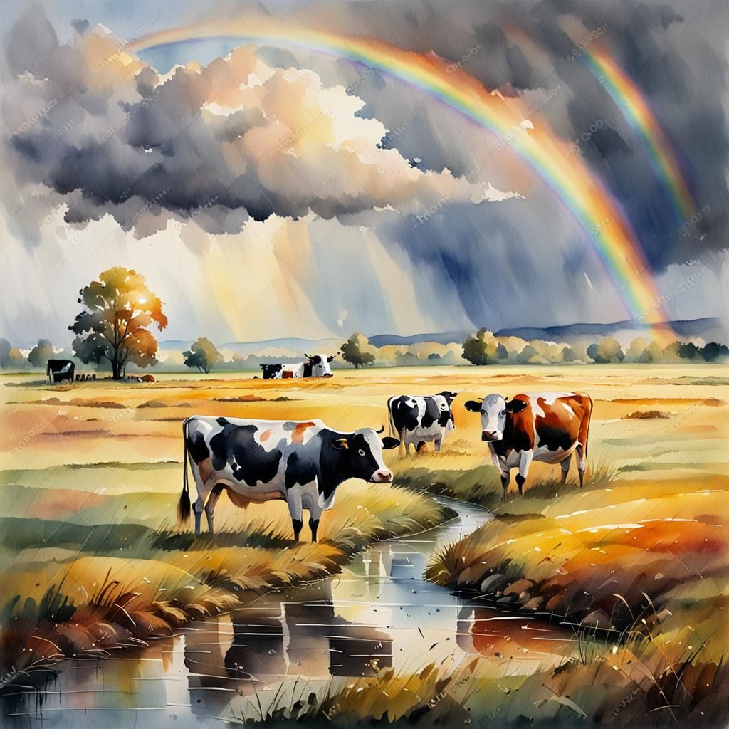 Impressionistic Sunset Over Rainy Farm Field