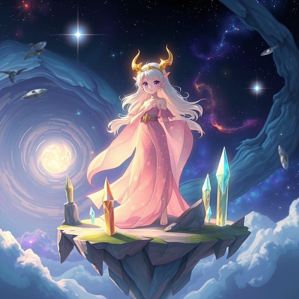 Celestial Goddess in Starlight Robes Soars on Floating Islan...
