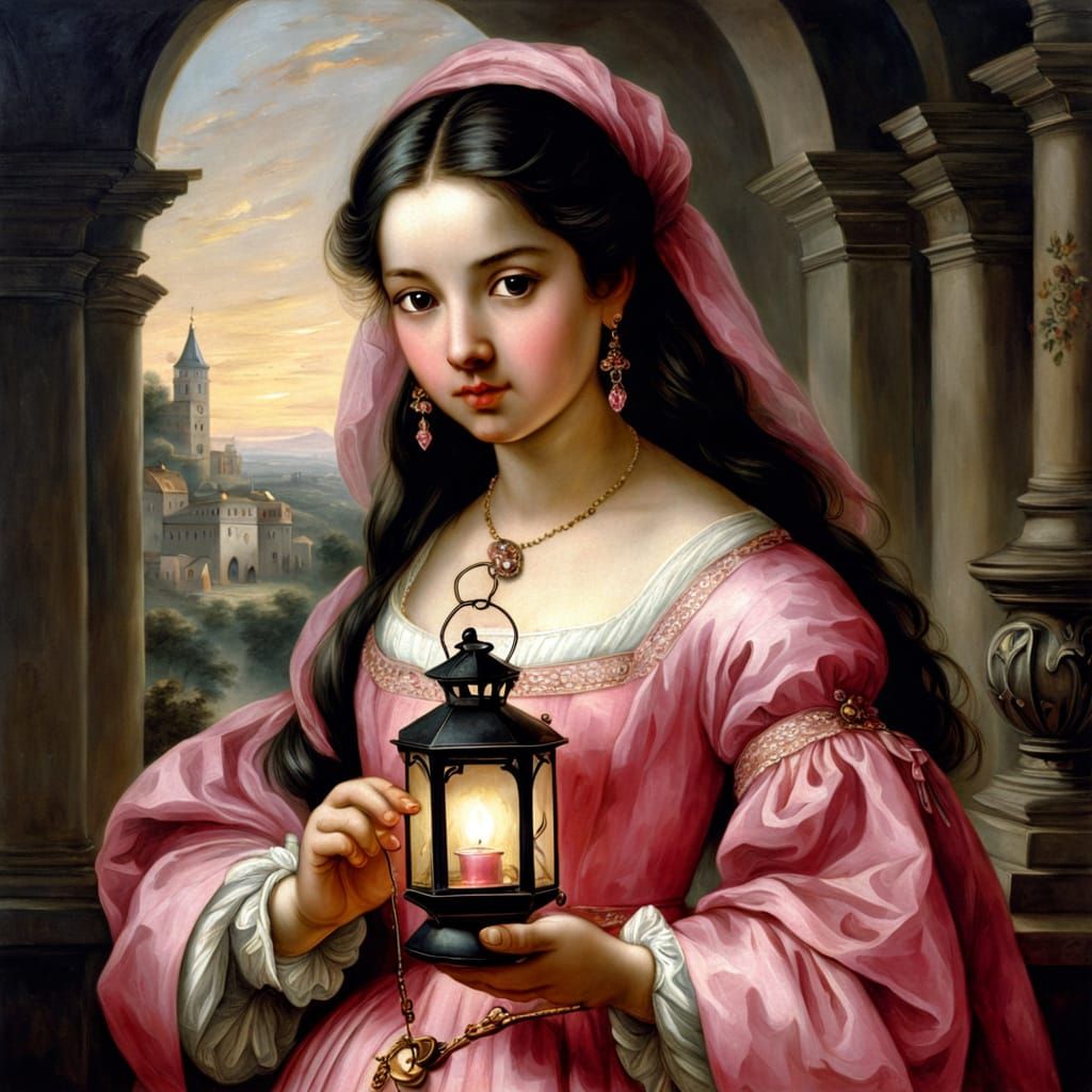 Medieval Girl in Pink Gown Holds Lantern