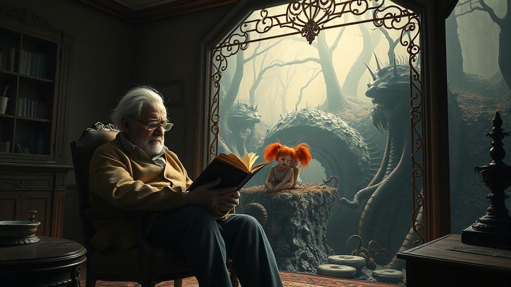 Elderly Man Reading with Twins in Surreal Landscape
