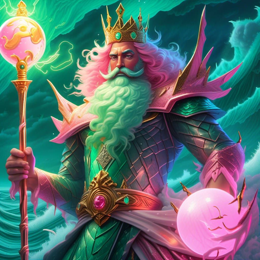Wizard and Poseidon Face Off in Neon Digital Art