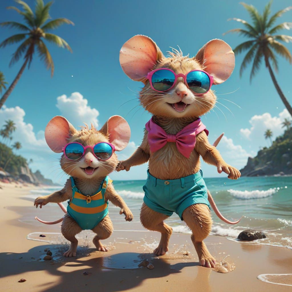 Mice in Striped Swimsuits Leap into Turquoise Waves