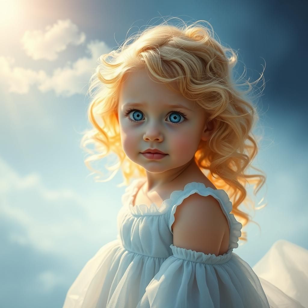 little girl with blonde curls and very big dreamy blue eyes