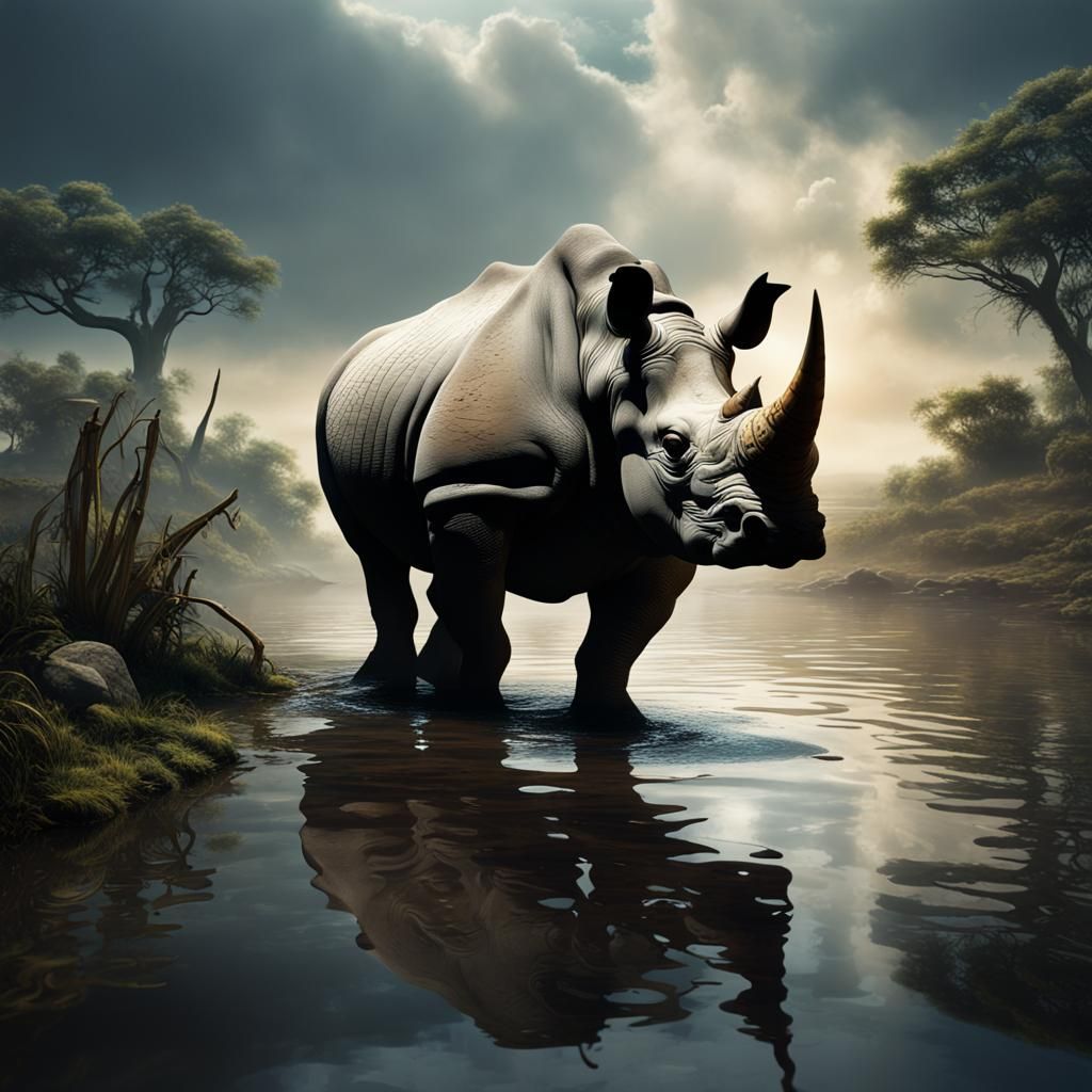 Endangered Rhino Reflection in Polluted Water