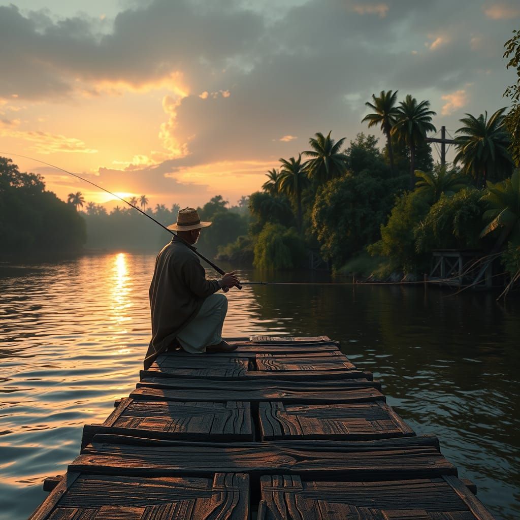 Serene Riverbank Scene in Earthy Tones