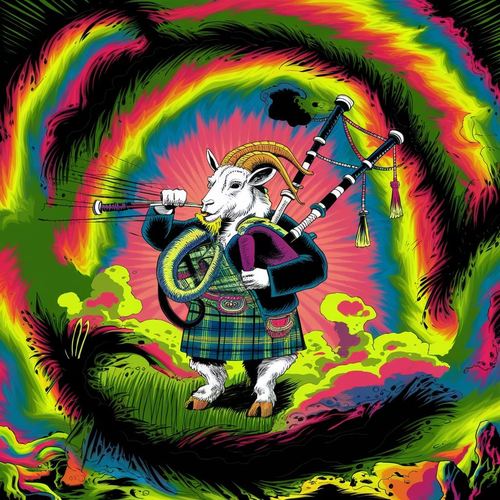 Psychedelic Goat Playing Bagpipes in Kilt