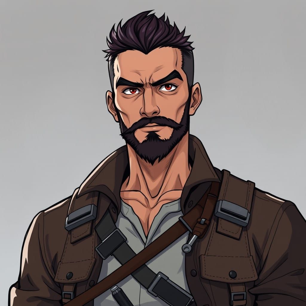 Weathered Hero with a Strong Presence