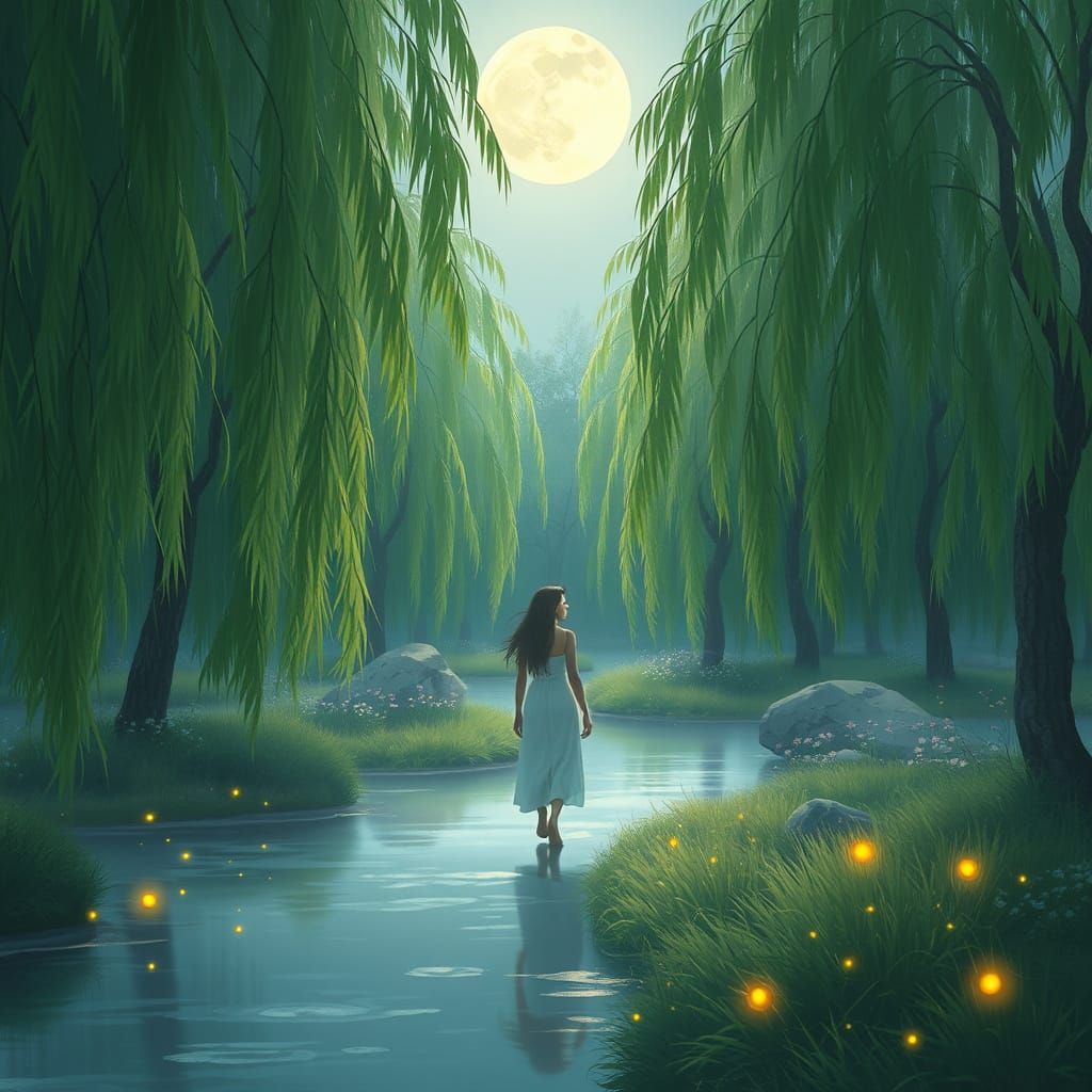 A serene night scene with fireflies in a Meadowbrook with lu...