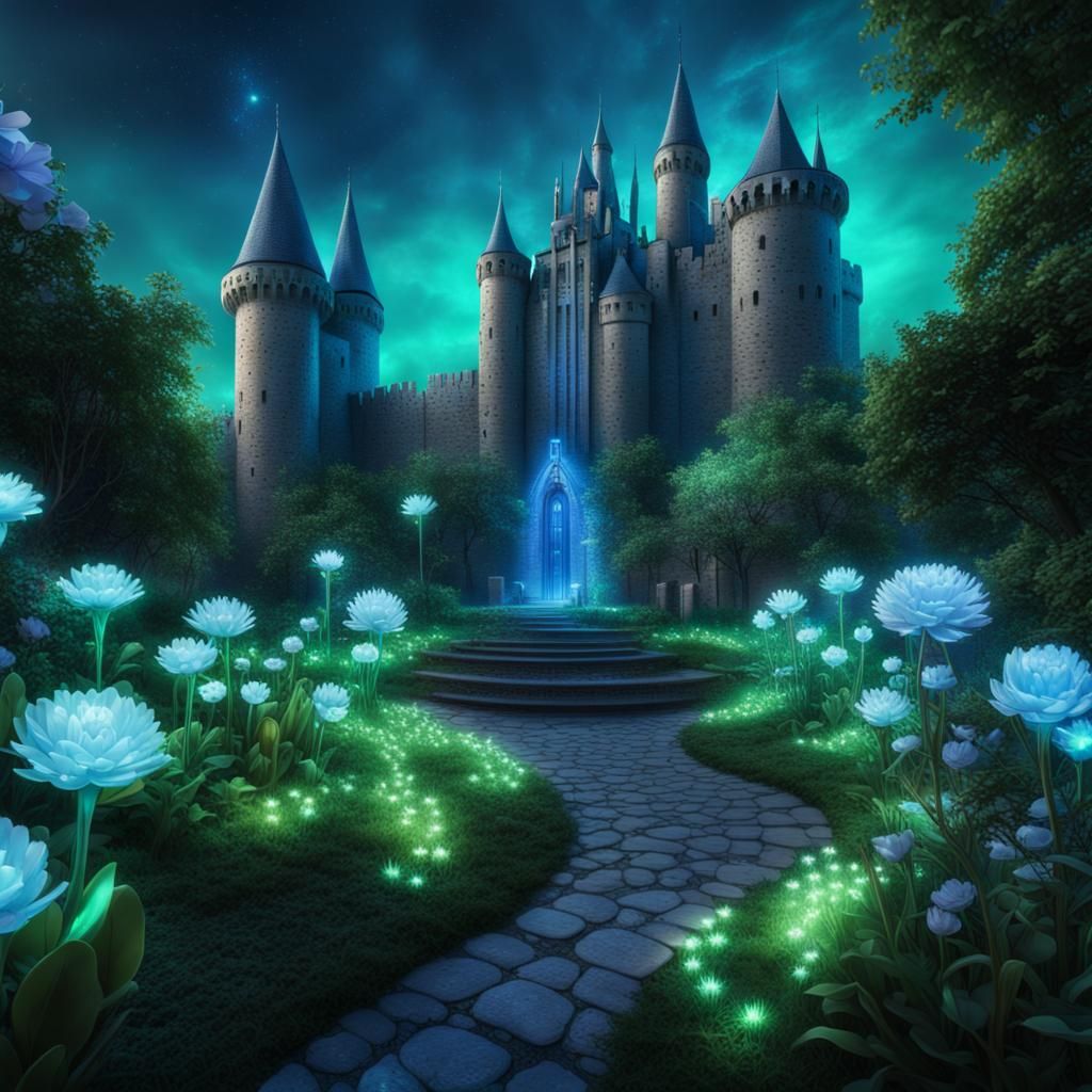 Sci-Fi Garden with Medieval Castle in Futuristic Style