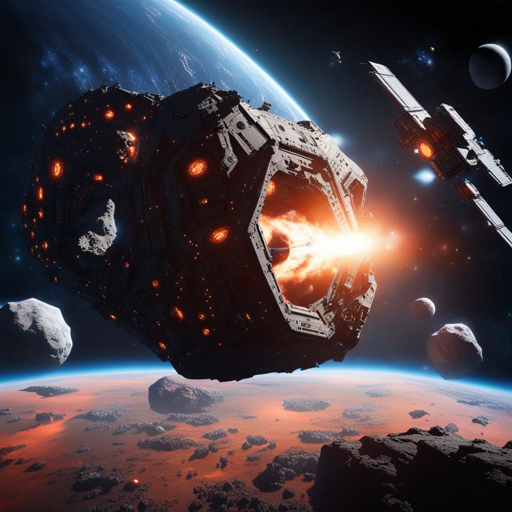 Asteroid Space Station with Metallic Ring in Deep Space