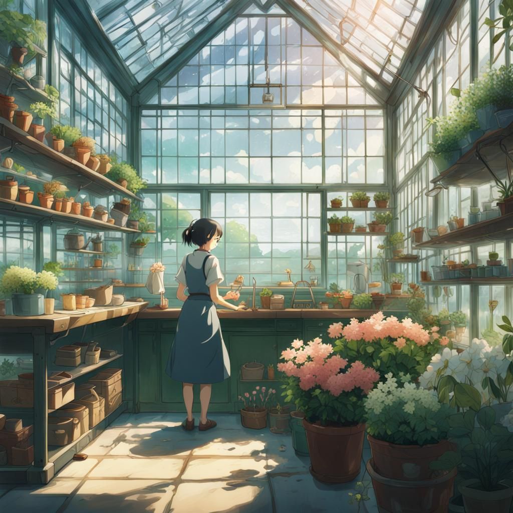 Greenhouse Scene in Studio Ghibli Anime Style