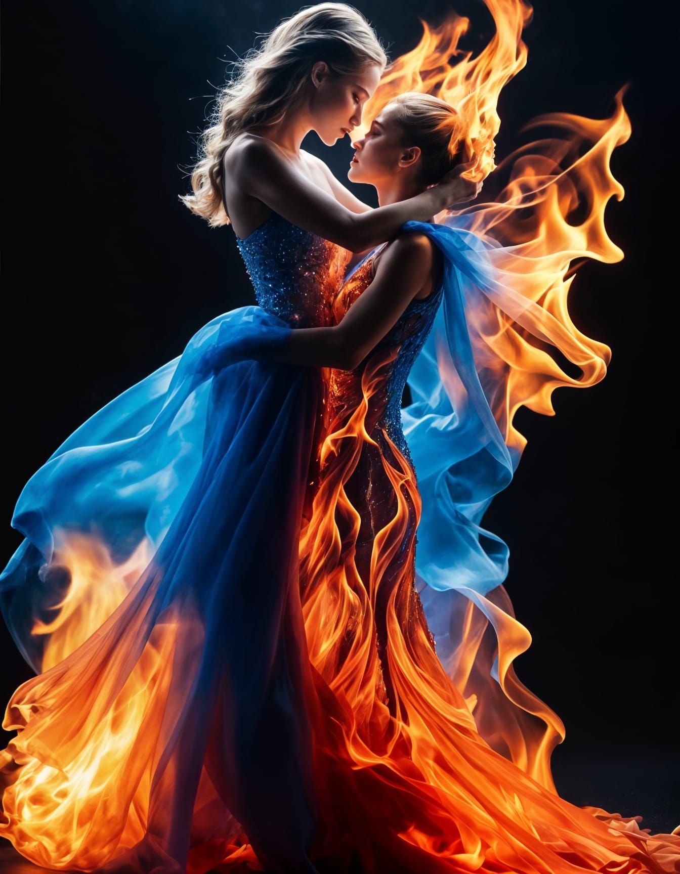 Fiery Woman Cuddles Ice Woman in Embrace