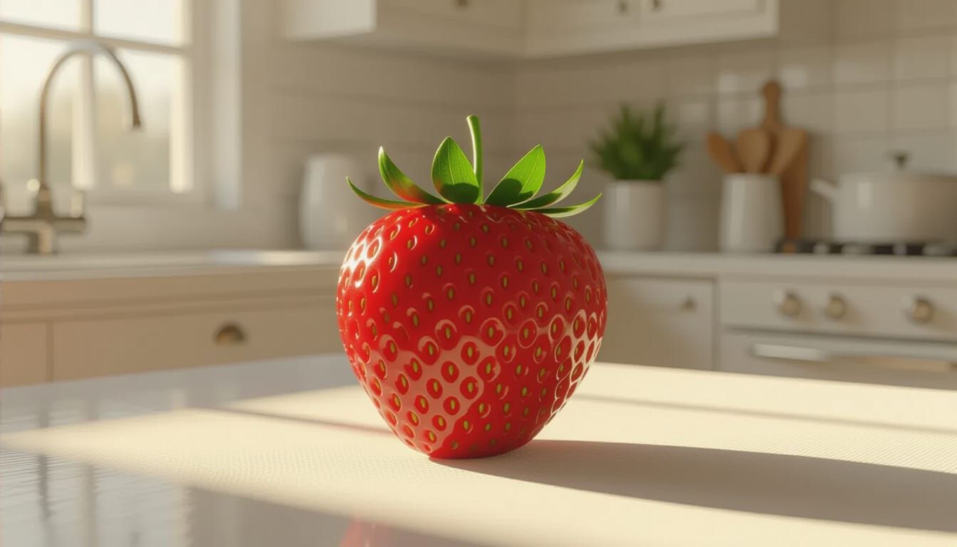 Giant Strawberry Rests on Tablecloth