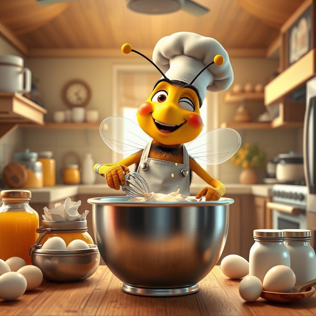 Whimsical Bee Chef Whips Up Cake in Sunny Kitchen