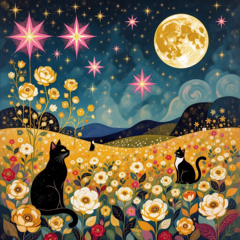 Klimt-Inspired Lunar Cats in a Celestial Dreamscape
