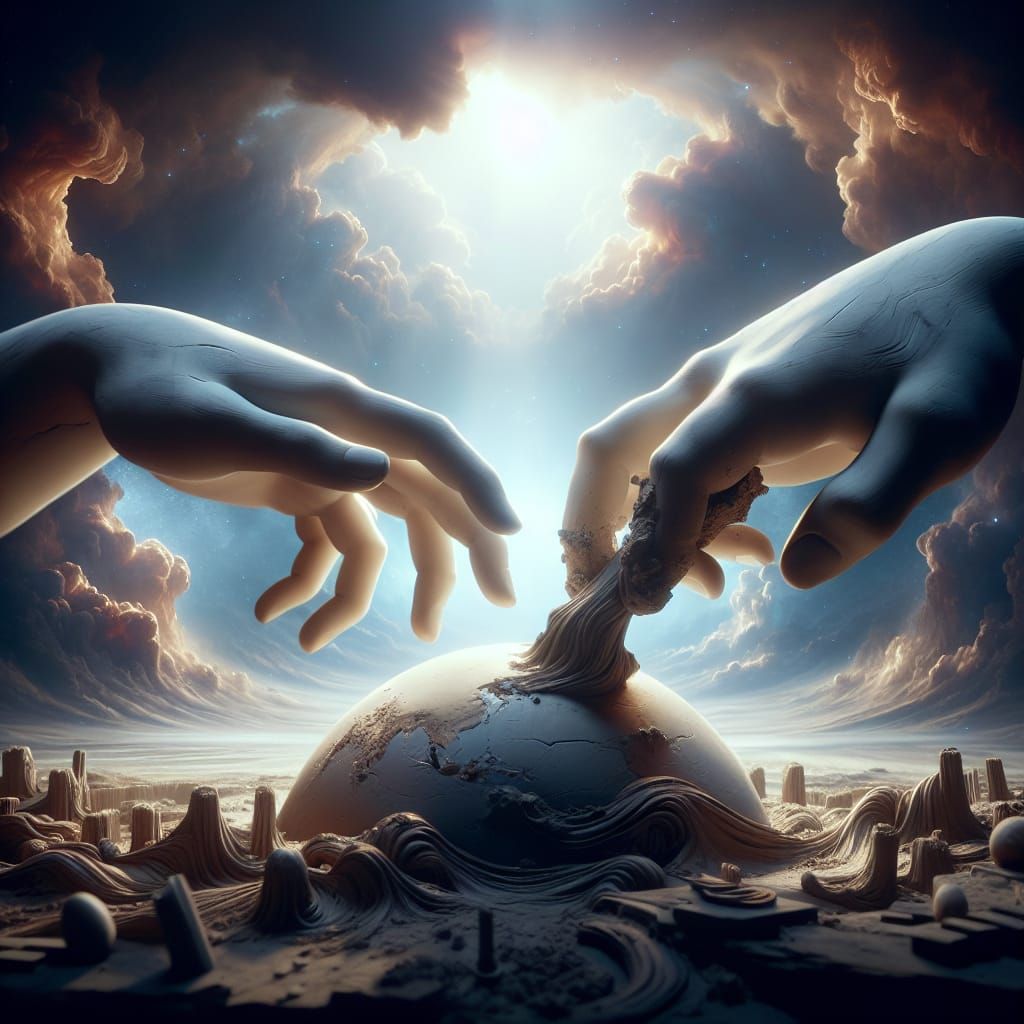 Divine Hands Sculpting Earth in Dark Fantasy Heaven