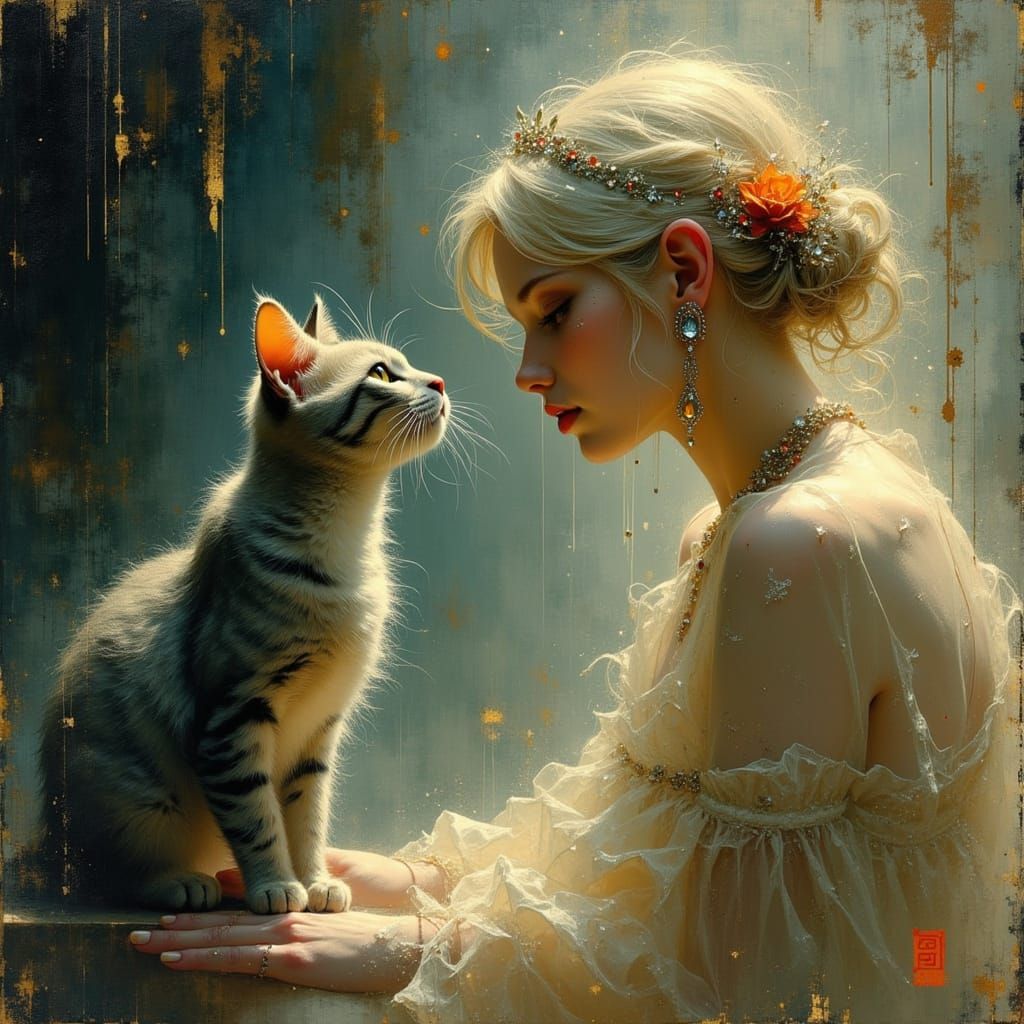 Silver Tabby Cat and Goddess in Da Vinci Style