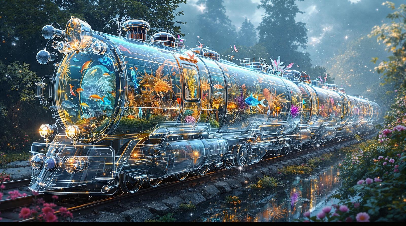 Glowing Glass Train Transports Vibrant Aquatic Worlds