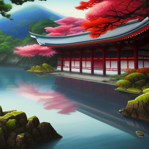 Hyperrealistic Japanese Landscape with Temples