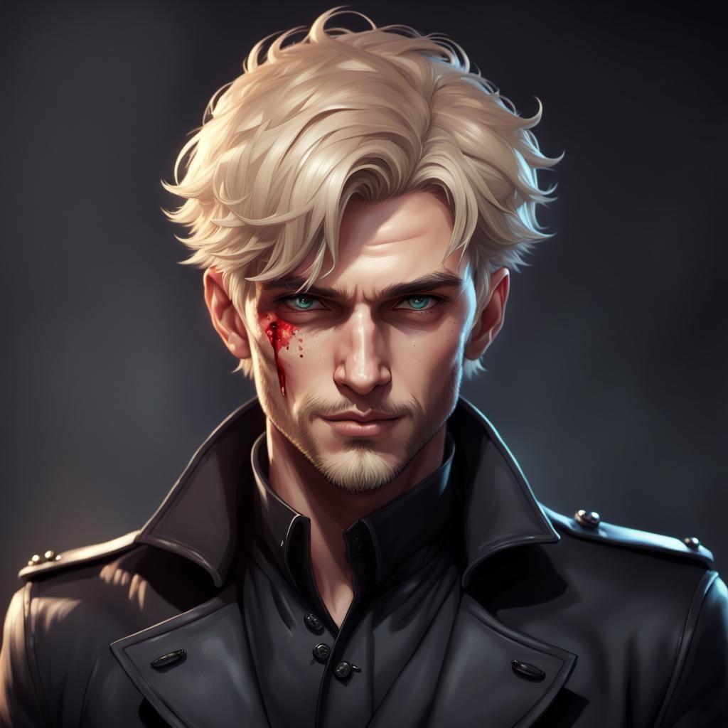 Sinister Blond Man with Evil Smile, Hyperdetailed Portrait