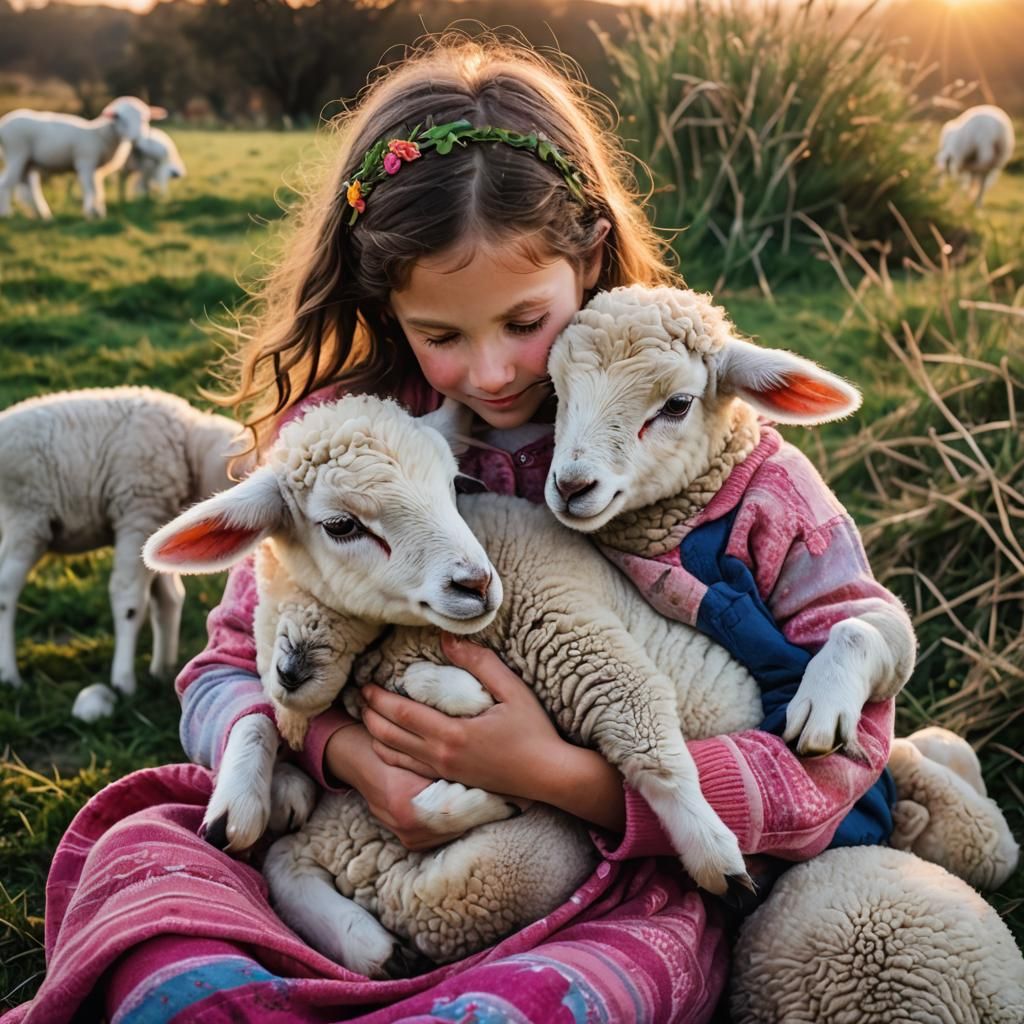 Child Cuddling Lamb at Sunrise in Vibrant Colors