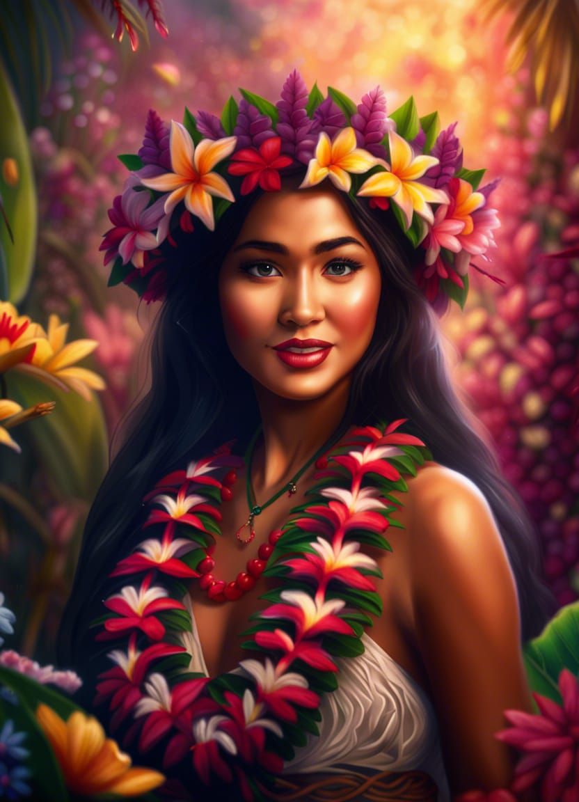 Hawaiian Hula Girl in Flower Garden