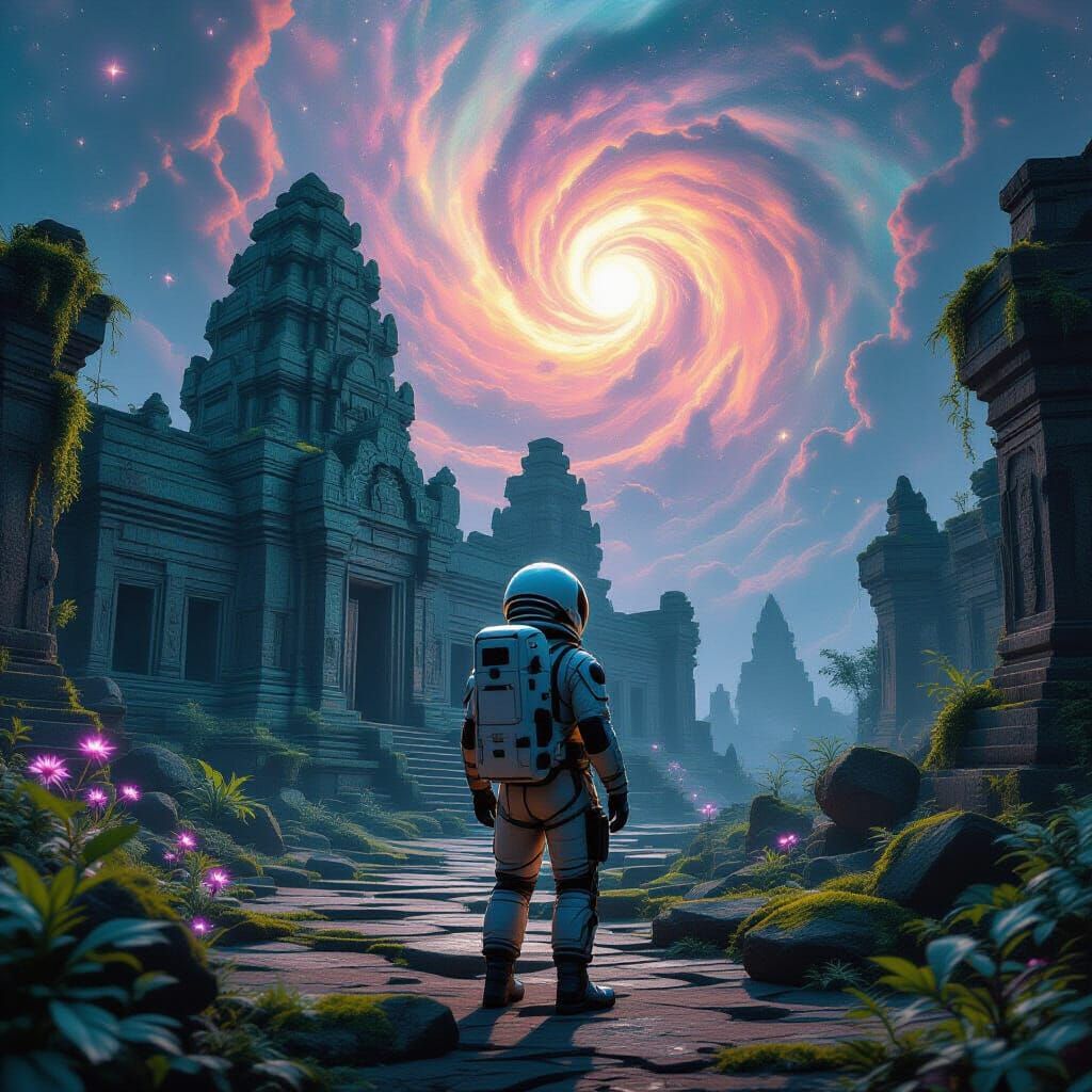 Astronaut Discovers Alien Temple Under Nebula Sky