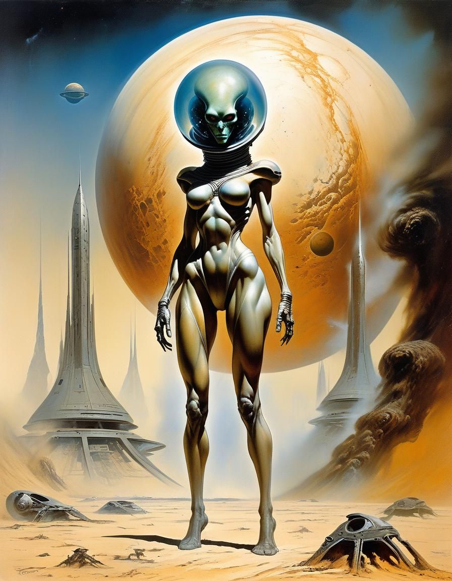 Alien Girl in Sci-Fi Landscape by Vallejo