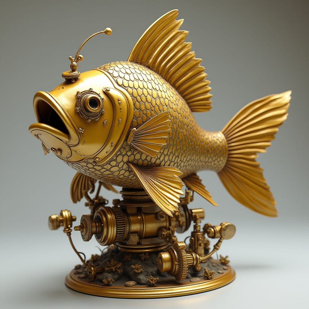Golden Steampunk Fish Statue