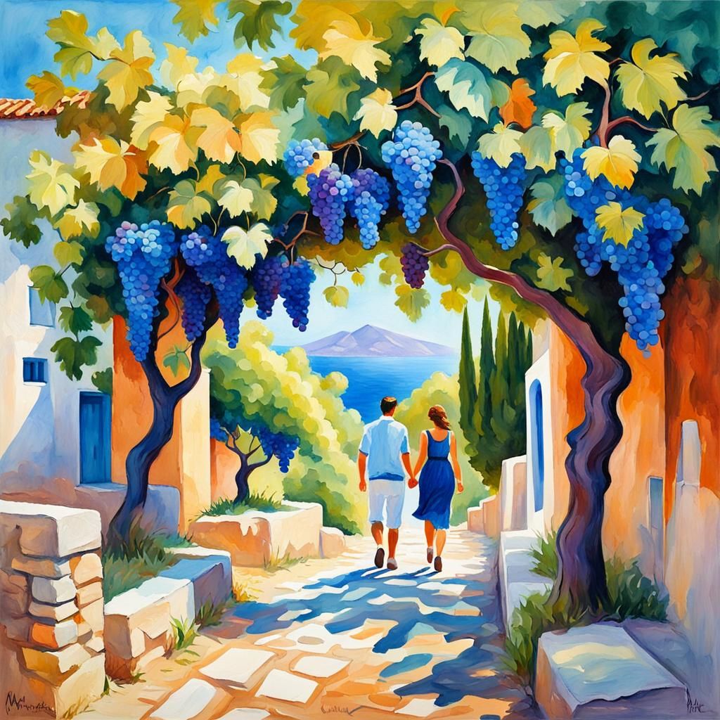 Romantic Greek Lovers in Impressionist Gouache Style