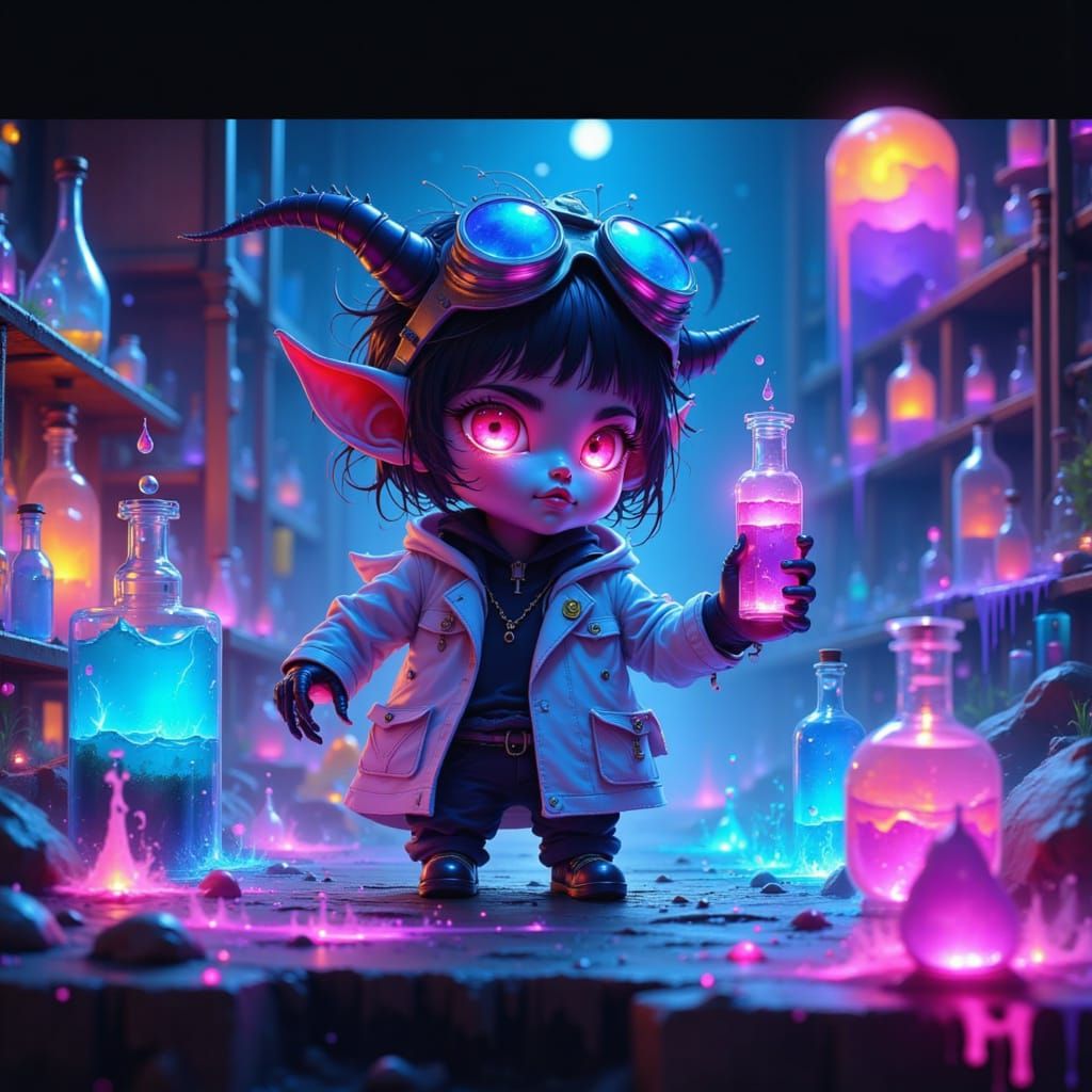 Chibi Demon Scientist in Glowing Laboratory, Neon Futurism