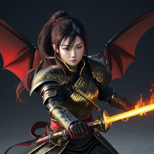 Anime Dragon Woman in Black Armor with Flaming Sword